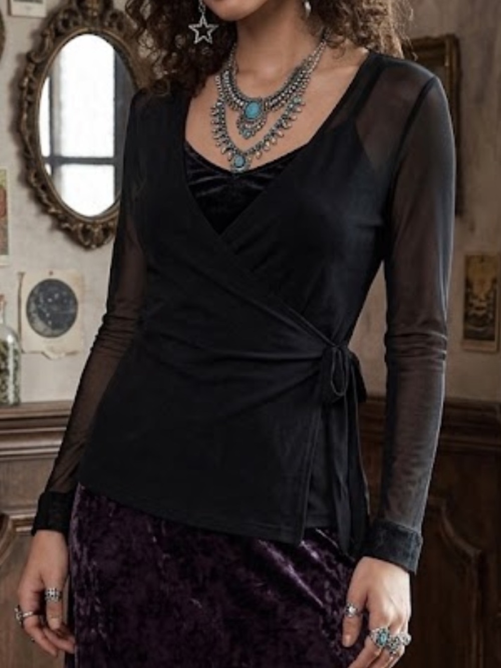 Vintage Y2K Faux-Wrap Top Sheer Mesh Long Sleeve Whimsigoth dark feminine  M